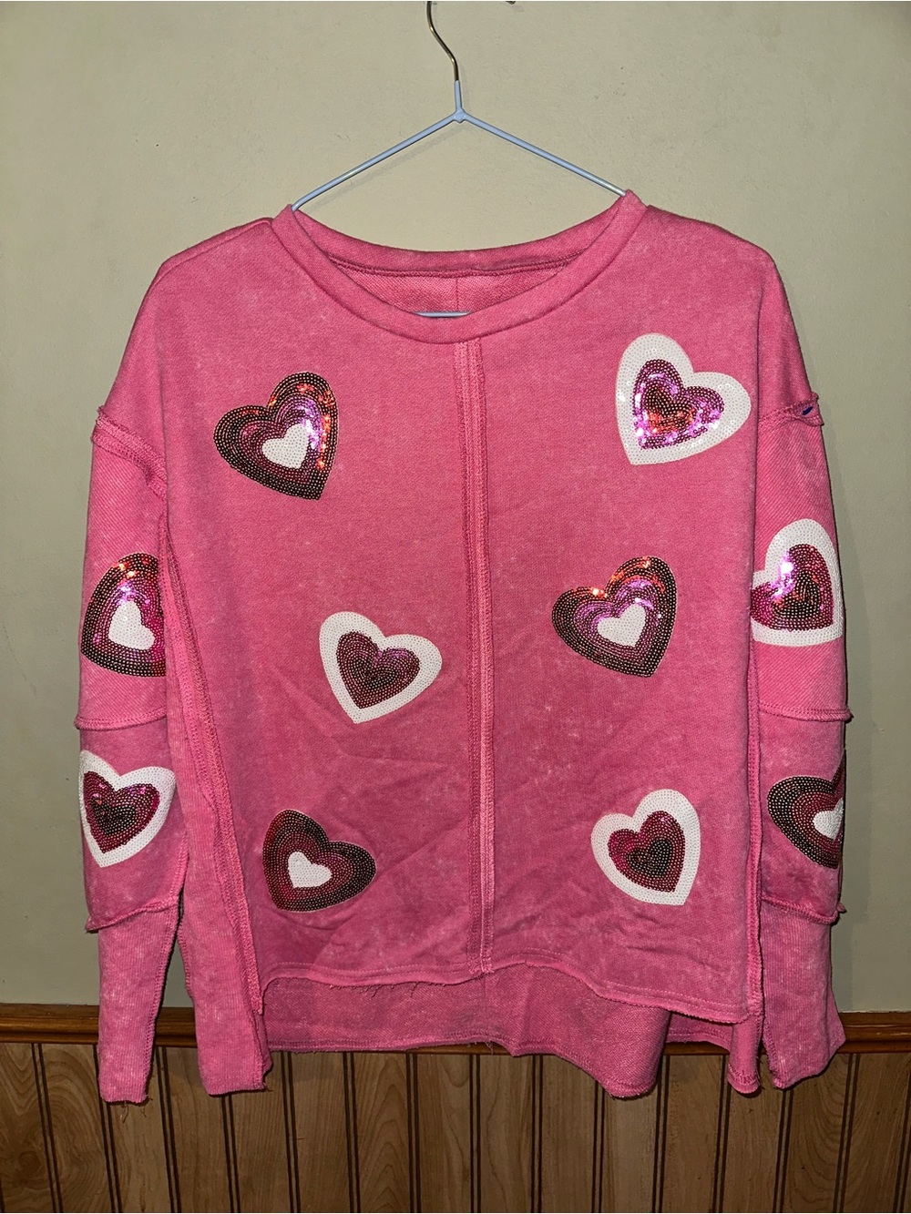 Sequin Heart Crewneck Sweater - Pink